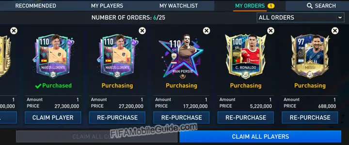 FIFA Mobile Market: My Orders Page (Purchase/Buy)