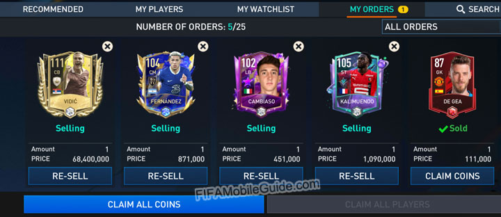 FIFA Mobile Market: My Orders Page (Sell)