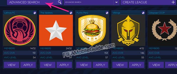 FIFA Mobile Advanced Search to search a league