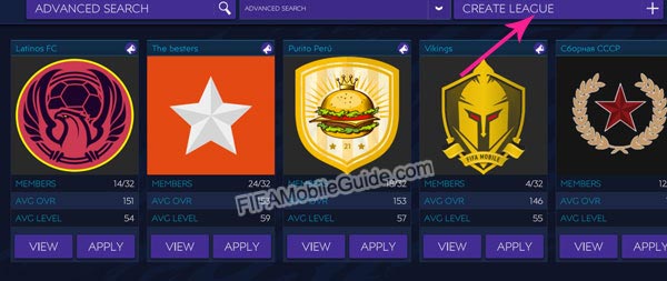 FIFA Mobile Create a League Menu