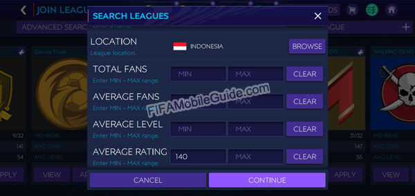 FIFA Mobile Search Leagues Options