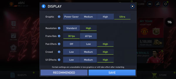 FIFA Mobile 22 Beta Display Settings