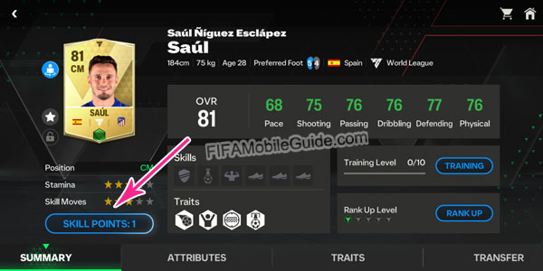 EAS FC Mobile 24 Skill Points Button Player Details