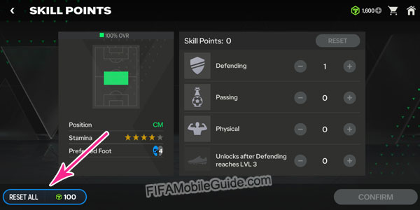 EAS FC Mobile 24 Skill Points Reset All Button