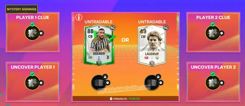 FC Mobile 24 Mystery Player Week/Batch 6: an 88 OVR CB Bremer (Welcome to FC Mobile) and an 89 LW Laudrup (Icons)