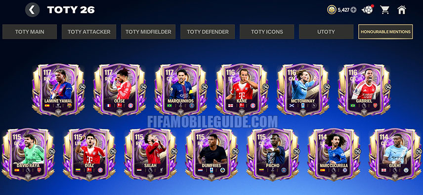 TOTY 26 Honourable Mentions (HM) Players